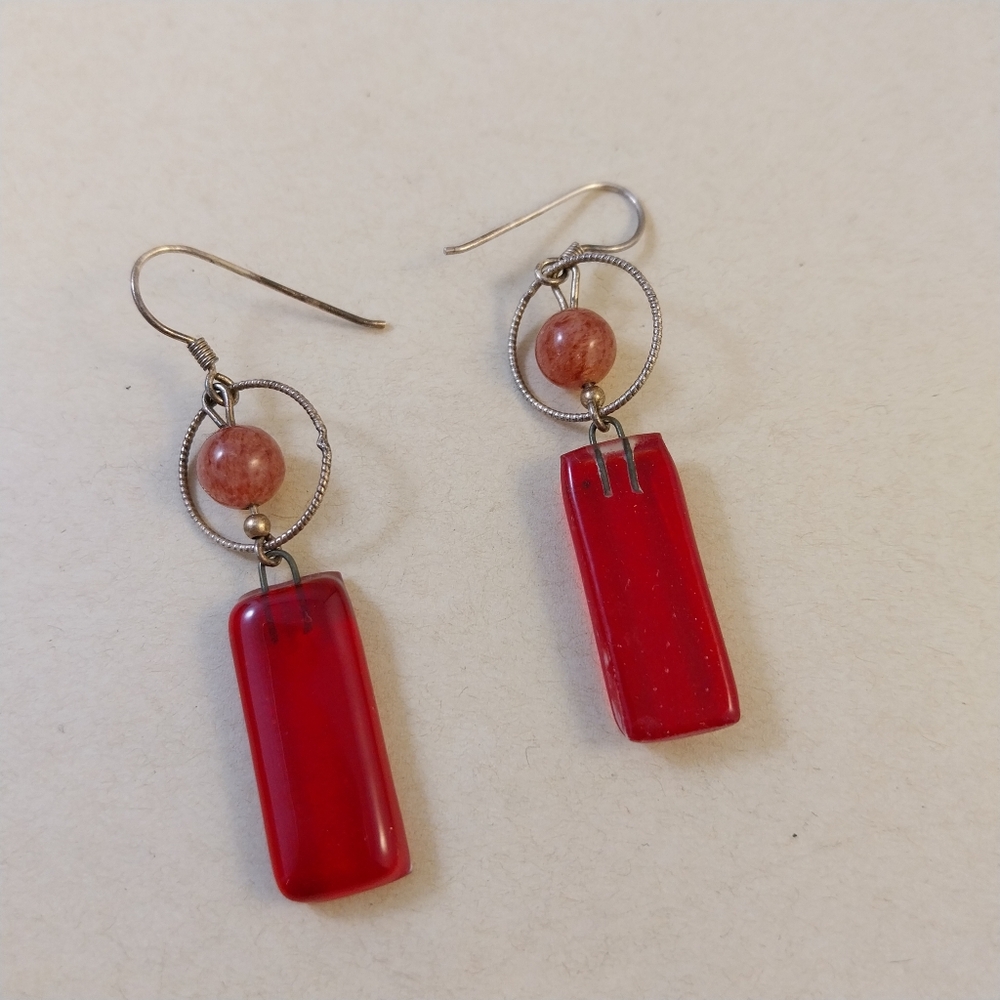 Sterling Silver Red Dangle Earrings - Picture 6 of 14